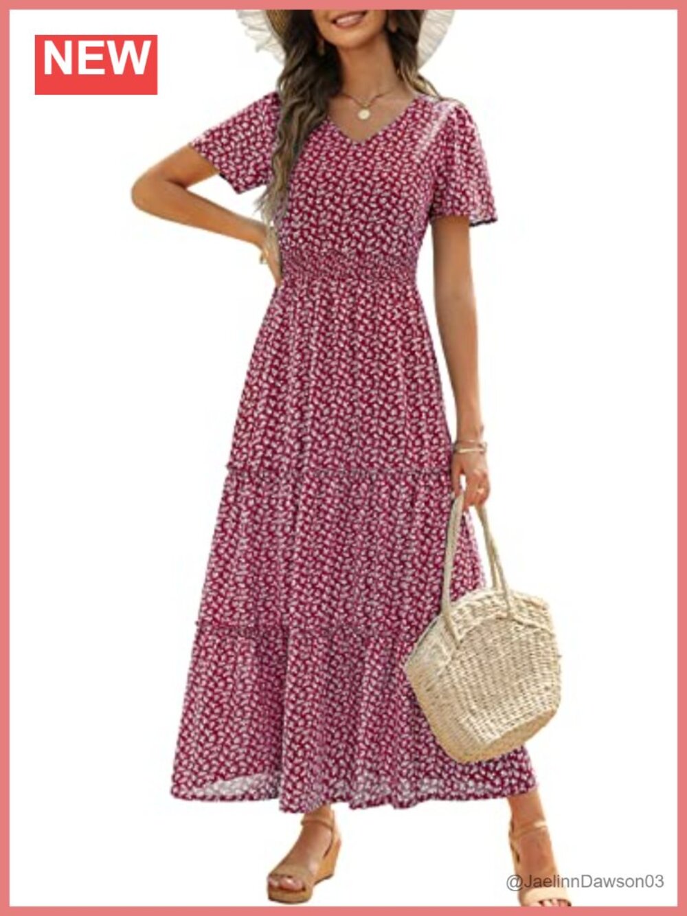 Womens Floral V-Neck Smocked Waist Tiered Maxi Dress Flutter Sleeve